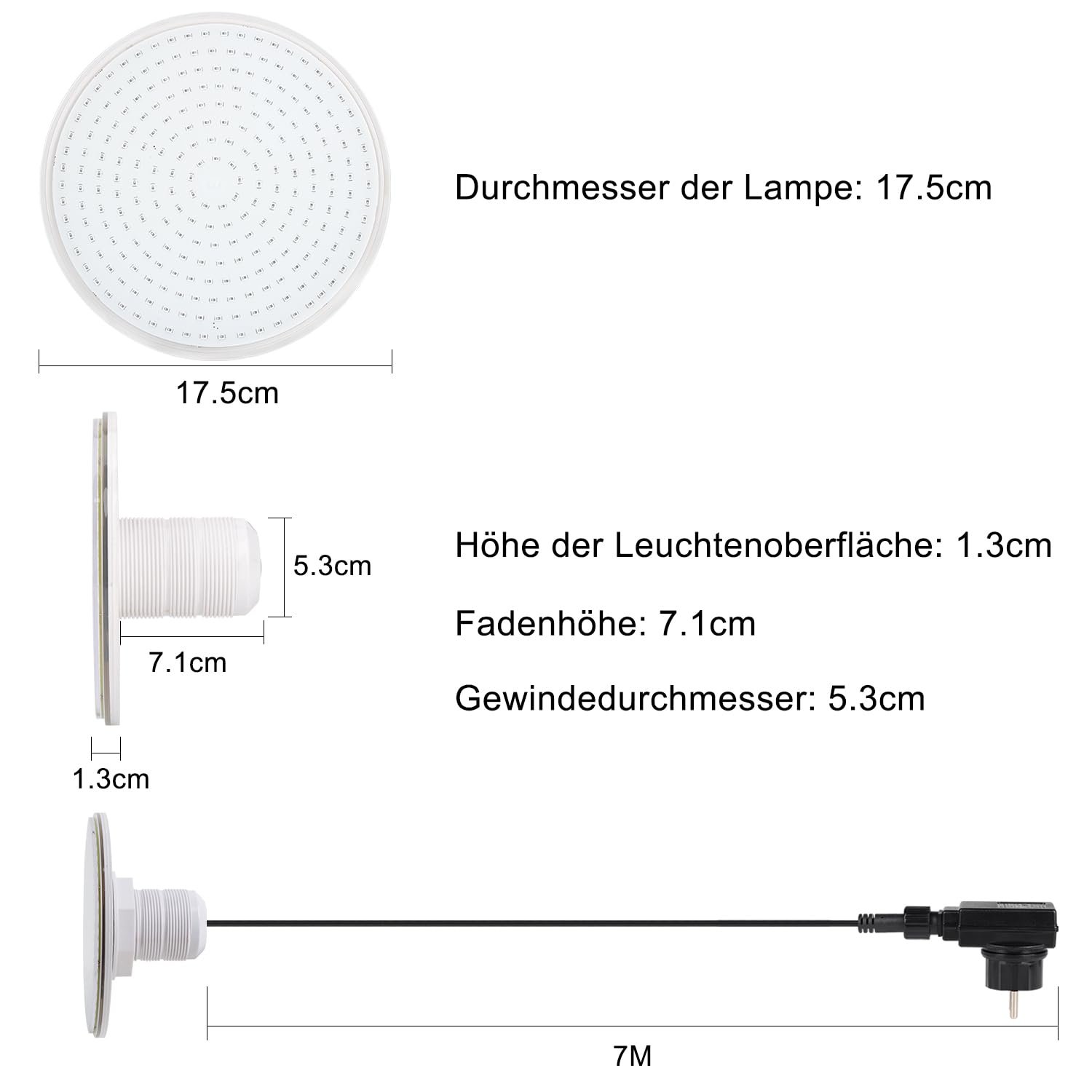 LED Poolbeleuchtung Unterwasser für Aufstellpool, 24W RGB Dimmbar Frame Pool Poolbeleuchtung mit Fernbedienung, 12V LED Unterwasserscheinwerfer mit 7m Kabel, Außengewinde 2 ¼ Zoll