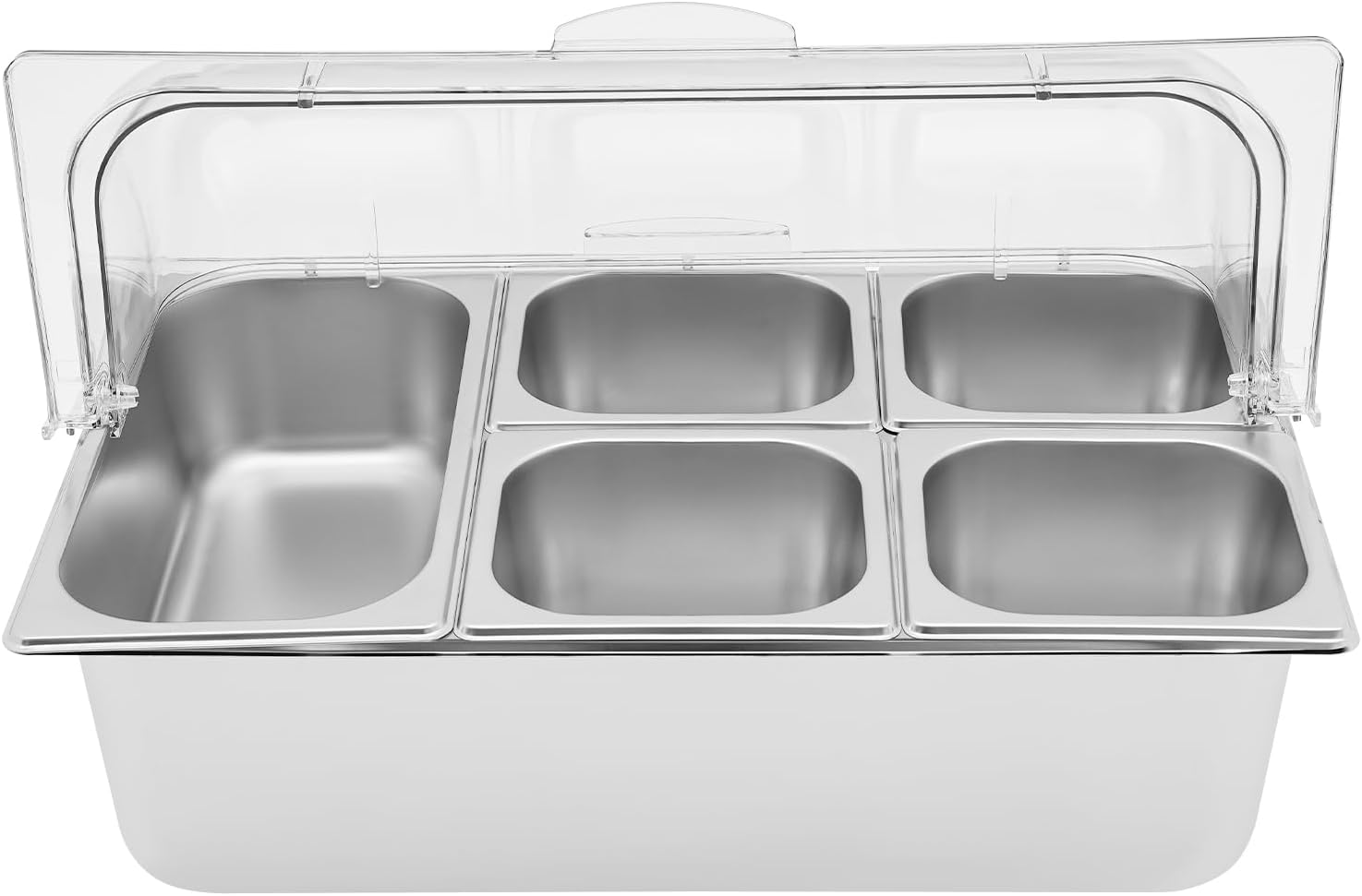 Modern Rectangular Stainless Steel Insulated Food Serving Container with Clear Flip Lid, 2 Compartments, 2 Spoons, 2 Clamps, 3 Ice Packs, 21.06 x 13.19 x 5.91 inches