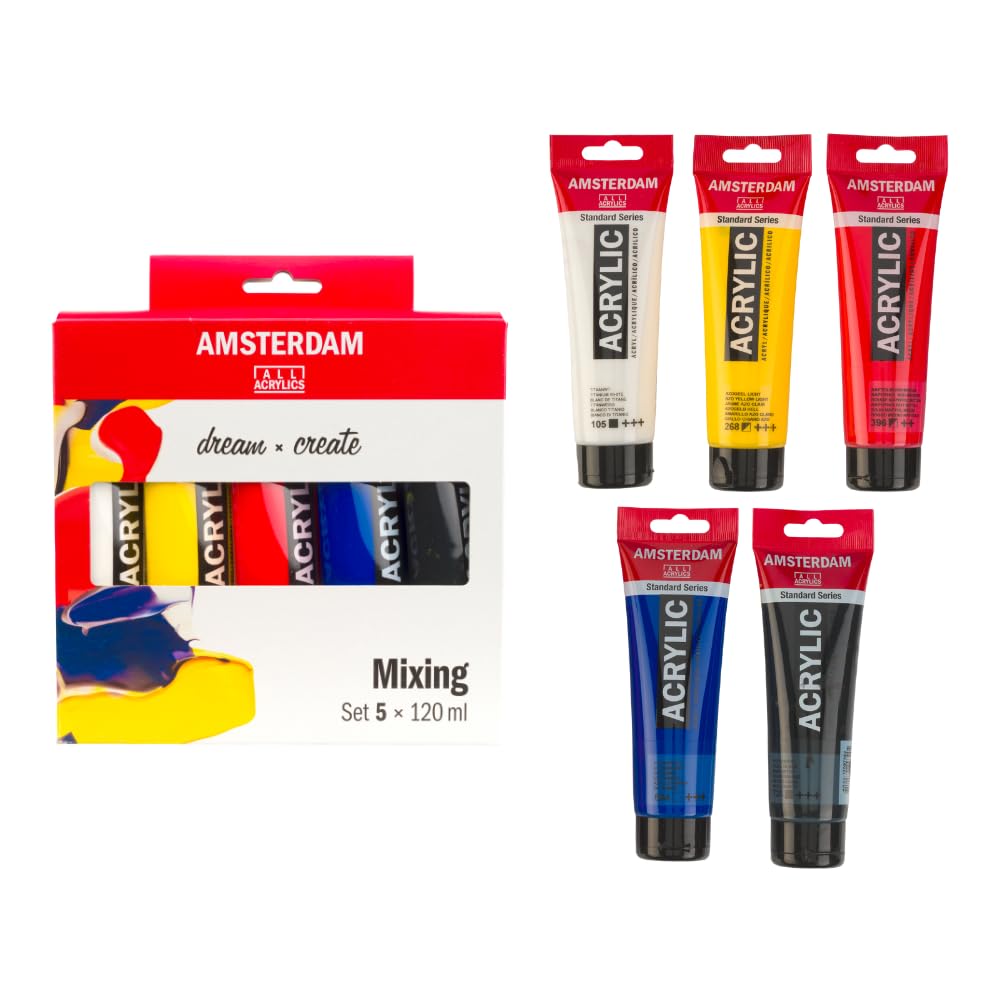 Amsterdam Standard Series Acrylic Paint Set | Color Theory Mixing Set (5 x 120 ml Tubes) | Warm Primary Colors + Black & White