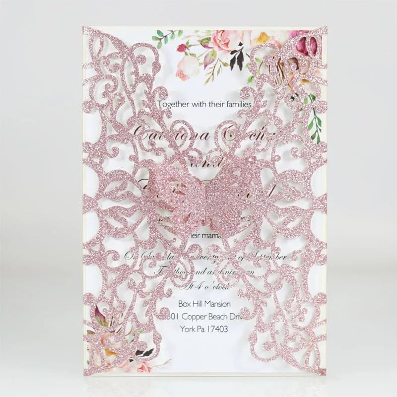 Invitaciones Boda 10/20/50 piezas de tarjetas de invitación de boda con diseño de mariposas, tarjetas de invitación con purpurina for fiesta de cumpleaños, tarjetas de felicitación(Rose Pink,10pcs)