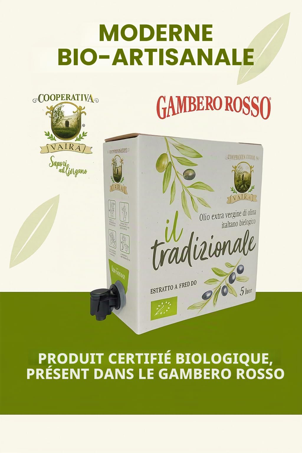 Huile d'olive extra vierge biologique, Ogliarola Garganica italienne, huile EVO extraite à froid, 100% huile des Pouilles, fruité moyen, pack de 2 bidons de 5 L