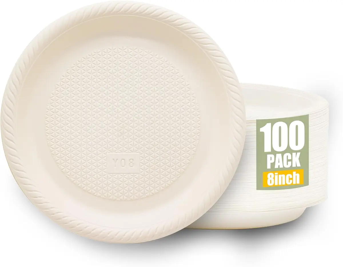 100 Pack Disposable Cornstarch Plates, Heavy-Duty and Eco-friendly, White Paper Plate, Biodegradable and Compostable 8 Inch Sturdy Plates for Party, Wedding, Dinner, BBQ