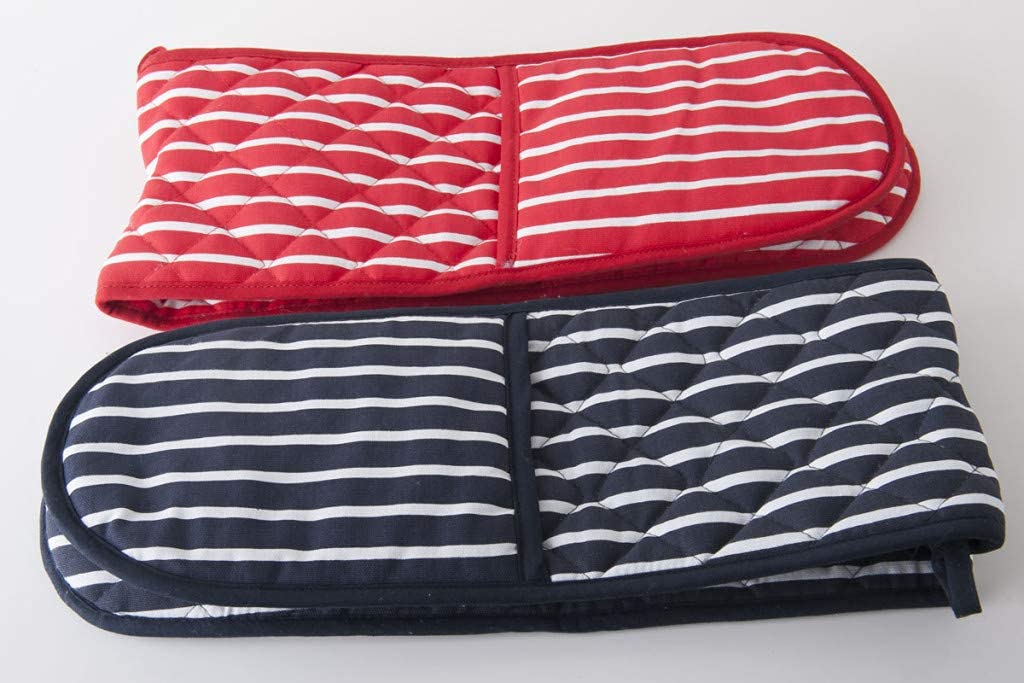 BPS Home Butcher Stripe Oven Glove Mitts – Set Of 2, Grey, 100% Cotton, Padded Heat Resistant
