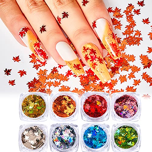 8 Boxes Fall Nail Art Glitters Maple Leaf Sequins 3D Laser Holographic Nail Art Sequins Thanksgiving Nail Decals Accessories Acrylic Nails Design Glitter Gradient Maple Leaf Nail Art Supplies
