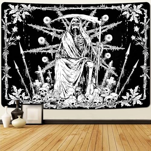 Uspring Skull Wall Hanging - Black Goth Skeleton Grim Reaper Hippie Tapestry for Bedroom Home Decor (51.2 x 59.1inches)
