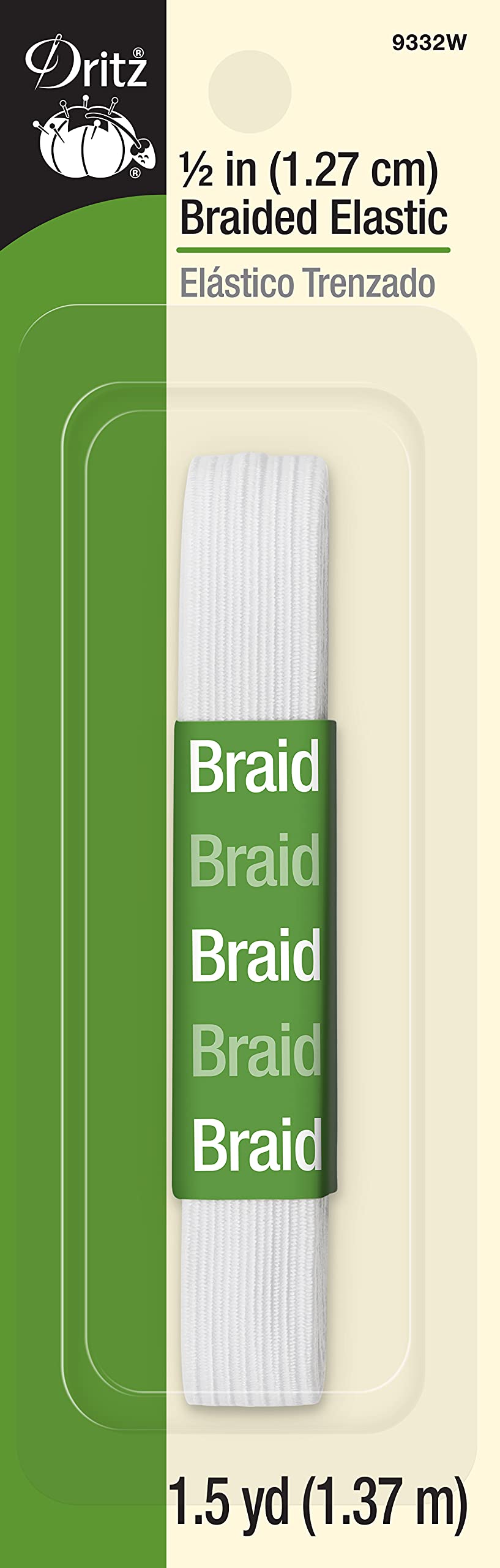 Dritz Braided Elastic, Polyester, White, 1/2-Inch by 1-1/2-Yard