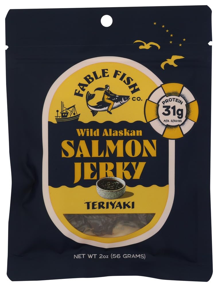 Fable Fish Wild Alaskan Salmon Jerky - Wild Caught Salmon with 31g of Protein - Tasty Fish Jerky with Omega-3s and Natural Source of Collagen - Made with Whole Muscle Sockeye - Teriyaki