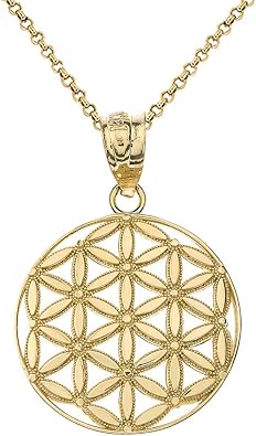 Solid 10k Gold Round Flower Of Life Sacred Geometry Spiritual Pendant Necklace