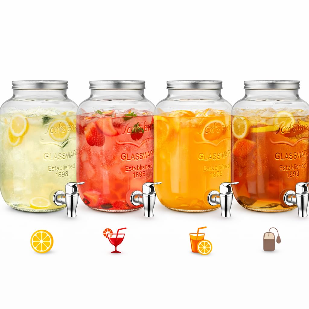 Dispenser Bevande in Vetro 4L con Rubinetto e Tappo Acciaio Ermetico, Barattolo per Acqua, Cocktail e Bibite, 33x20 cm, Contenitore per Feste, Catering, Casa e Giardino, Design Elegante