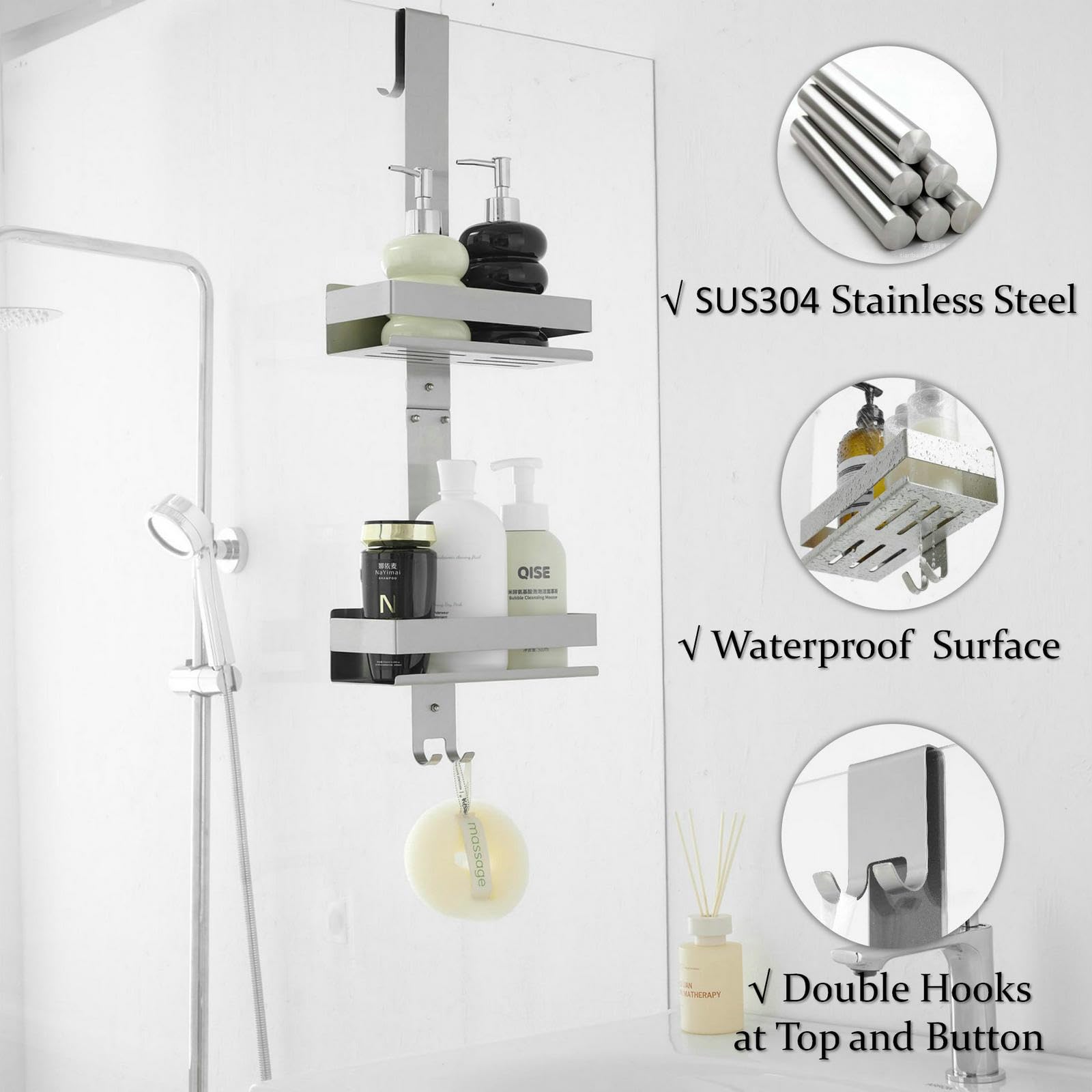 SHUNLI Shower Caddy Hanging Over Door, No Drilling Shower Organiser Stainless Steel Shower Shelves with Hooks - Image 3