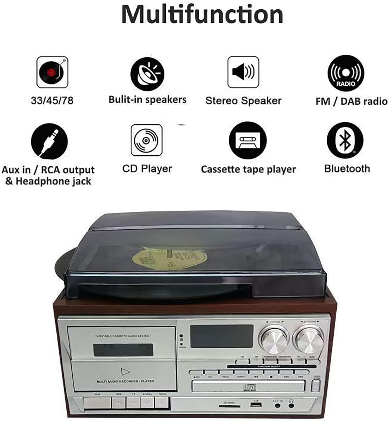 Lettore CD, Bluetooth E Cassette 10 In 1, Giradischi Retrò Con Telecomando, Altoparlanti Integrati, USB/SD, Ingresso Aux/uscita Di Linea RCA, A 3 Velocità, Per L'intrattenimento In Ufficio(Black)