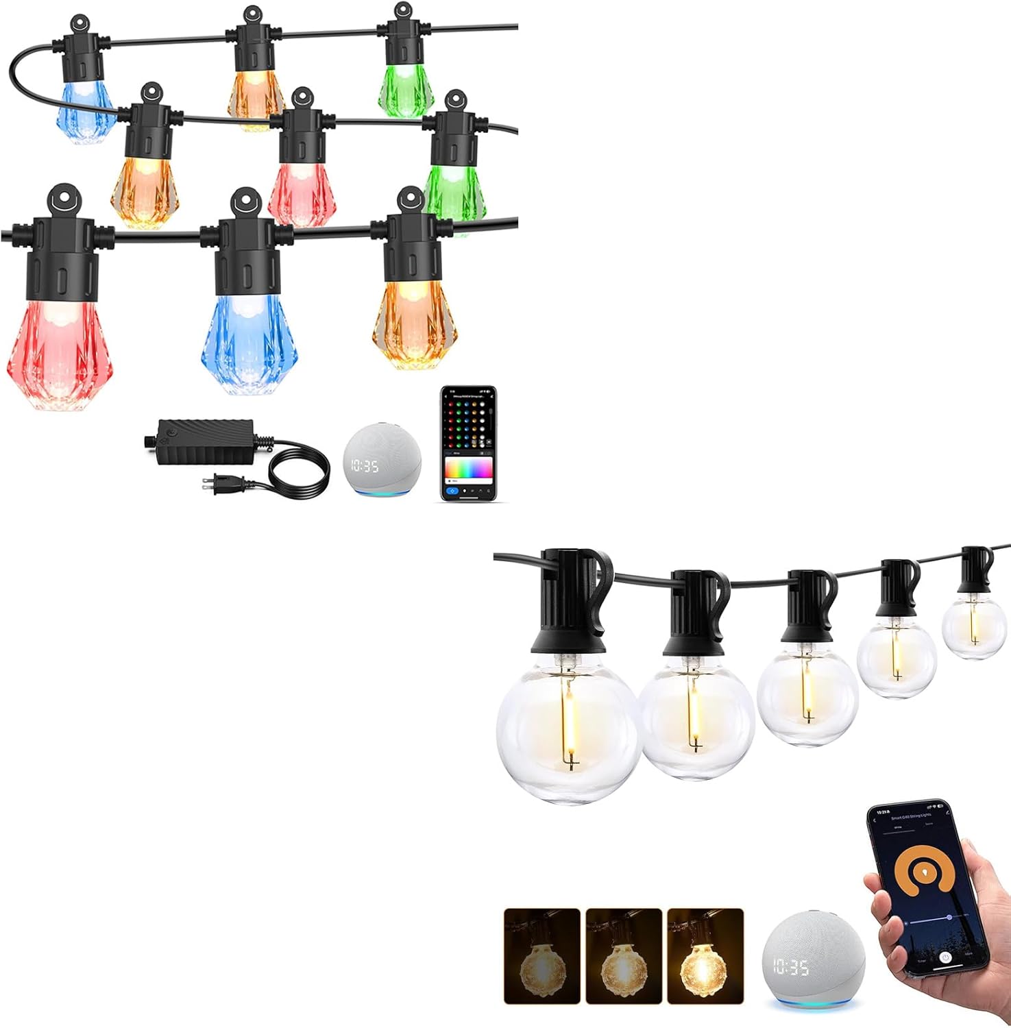 XMCOSY+ 96FT Smart RGBCWIC Acrylic Outdoor String Lights + 150FT Smart G40 Warm White Outdoor String Lights