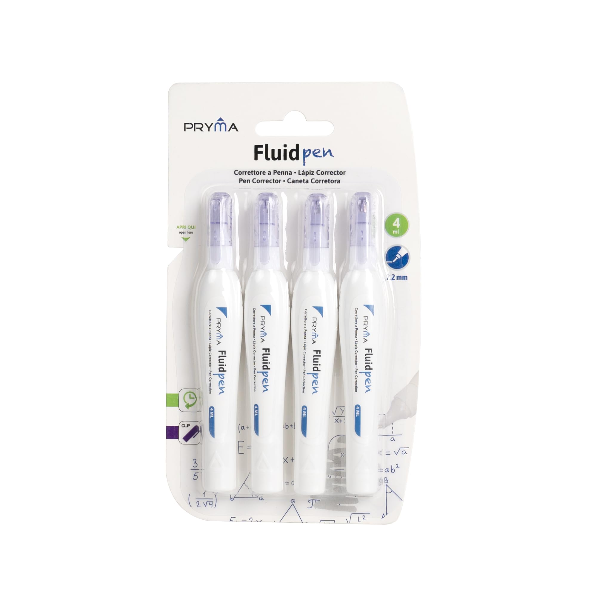 Pryma Correttore a Penna 4 ml Punta 2,2 mm Set 4 Pezzi Bianchetto Asciugatura Rapida
