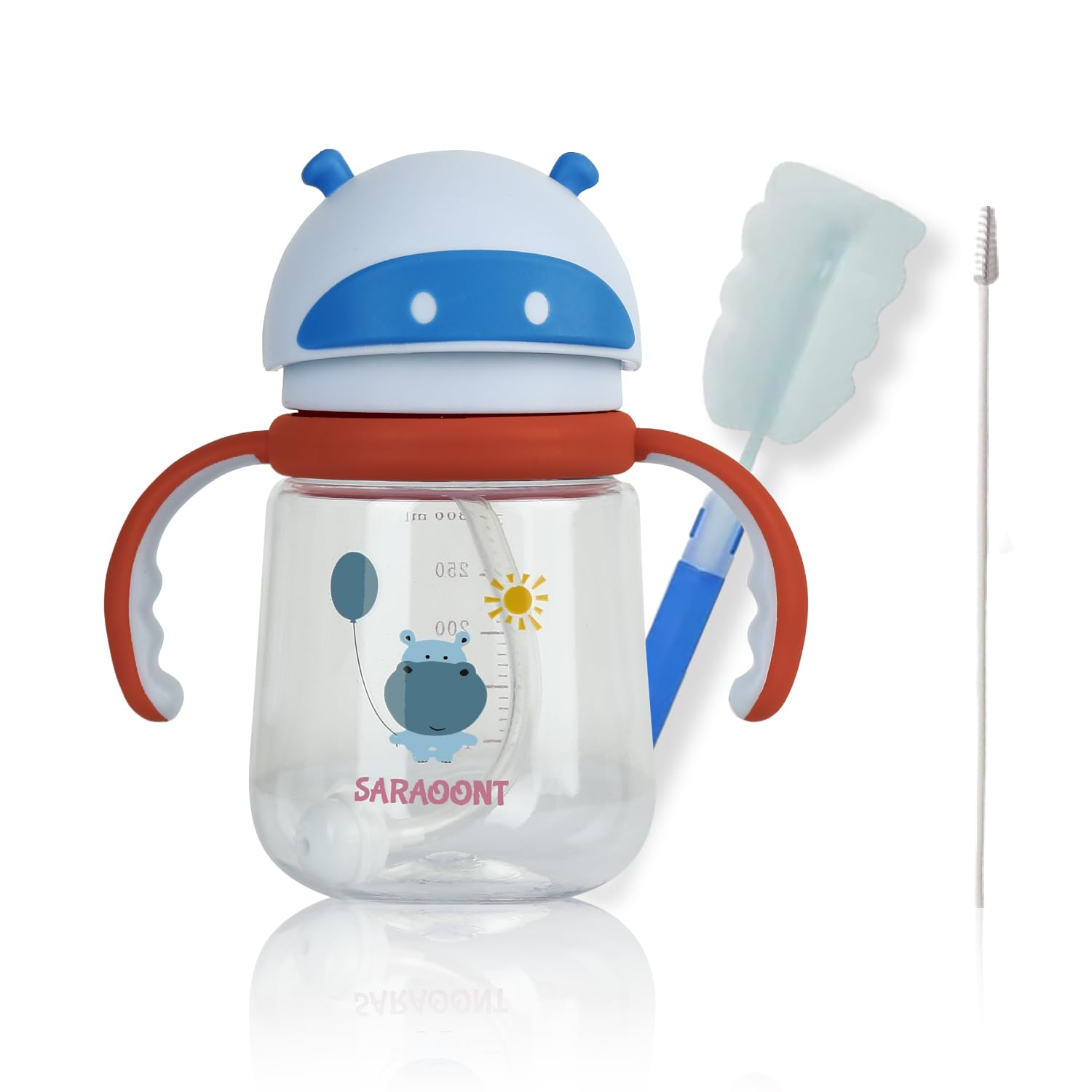 SARAOONT™ Tritan Weighted Straw Sippy Cup with Handles for Baby and Toddlers 6 months up, 300 ml Leakproof Soft Silicone Straw first Infant Water Bottle with 2 cleaning brush