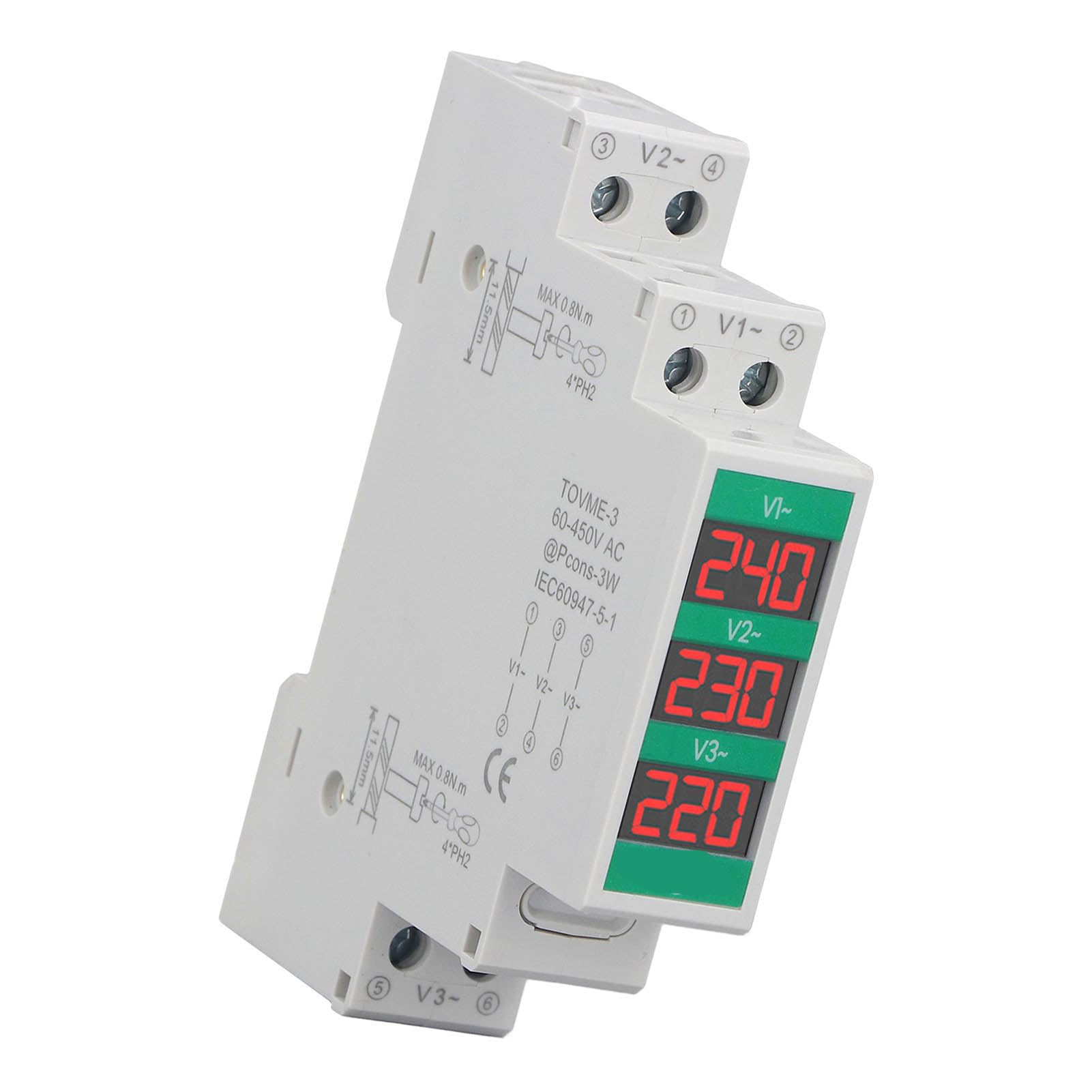 Woltomierz Trójfazowy 60-450V Ekran LCD Tester Miernika Napięcia, Montowany na Szynie DIN Woltomierz Cyfrowy i Detektor Napięcia