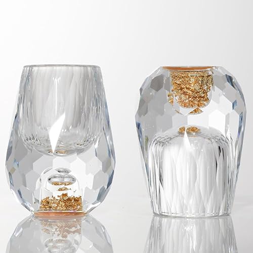 SIYOUKI Juego de vasos de chupito de cristal de 0.5 onzas, decorados con hojuelas de oro de 24 quilates, sin plomo, juego hecho a mano, adecuado