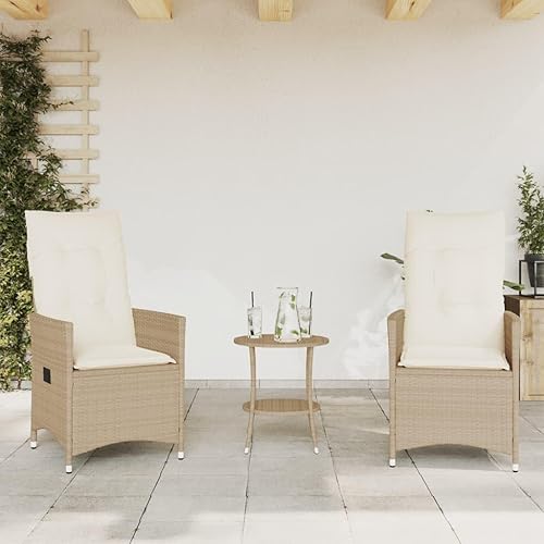 Miniatura 3 de 3 Piece Patio Bistro Set with Reclining Chairs PE Rattan Outdoor Furniture for Garden Balcony Backyard Modern Beige Table and Cushions for Small