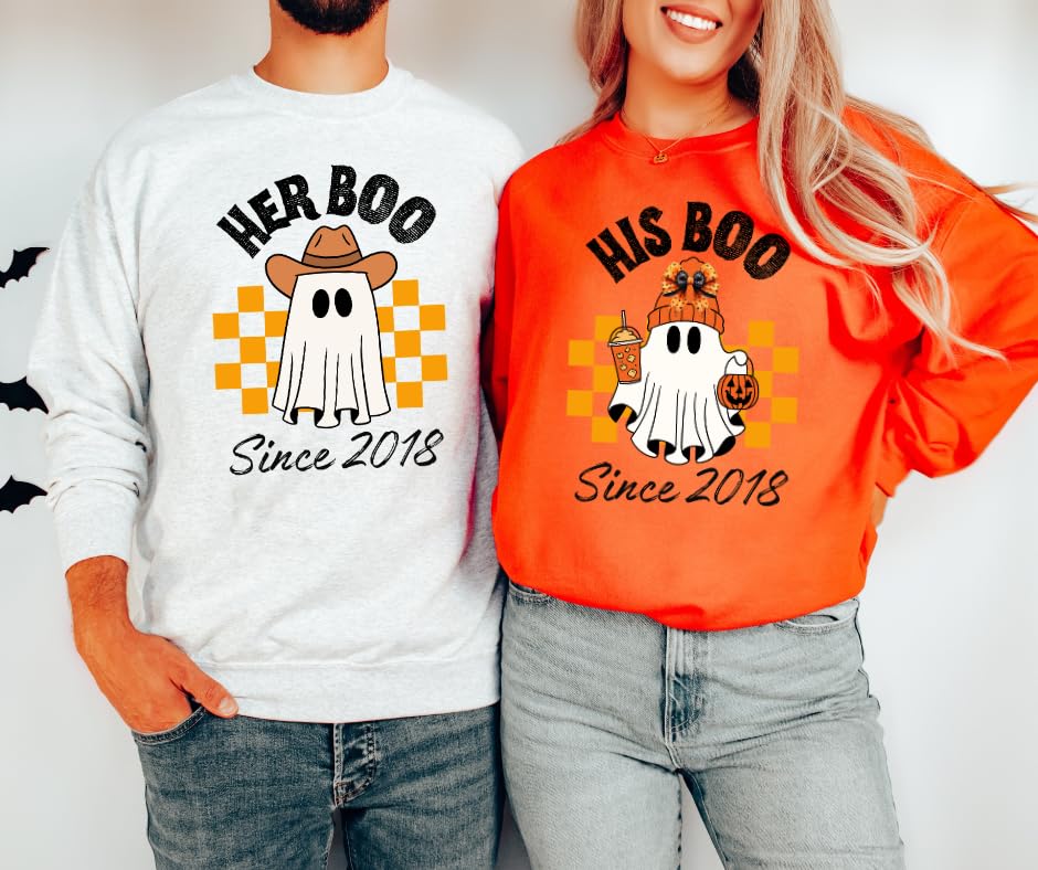Her Boo & His Boo Couple Halloween Sweatshirts – Matching Spooky Pullover with Checkered Ghosts, Personalized Since Date Custom Sweaters for Couples White4
