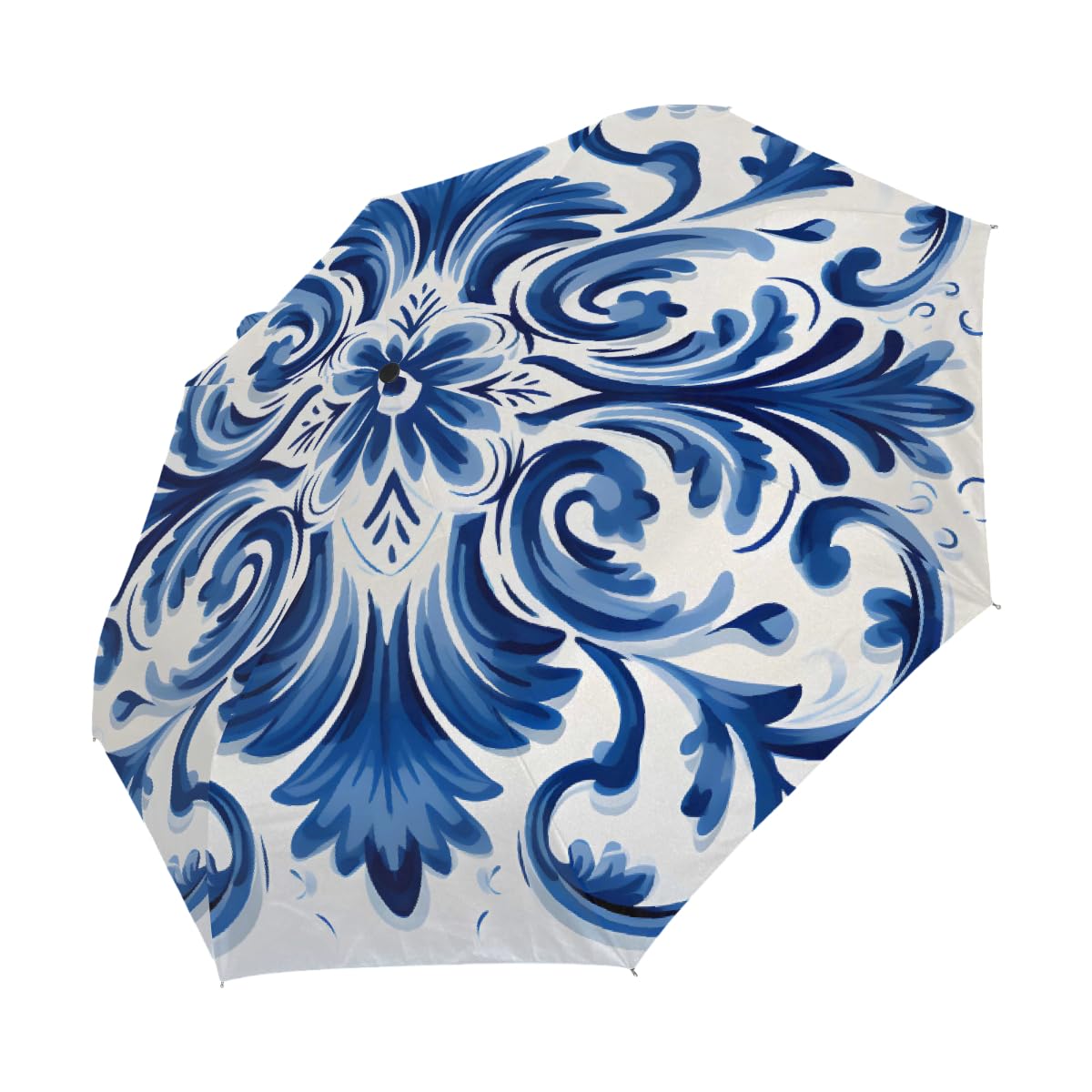 Ombrello pieghevole da viaggio con motivo floreale blu e bianco in ceramica, compatto, antivento, impermeabile con protezione UV, rivestimento nero, leggero, 8 costine, portatile, per pioggia