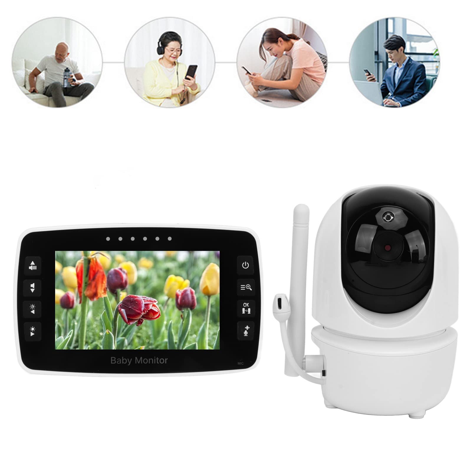 Hosie Monitor de bebé Inalámbrico, Intercomunicador Giratorio Bidireccional, Monitor de bebé de Visión Nocturna Infrarroja de 100‑240 V para Dormitorio (Enchufe de la UE)