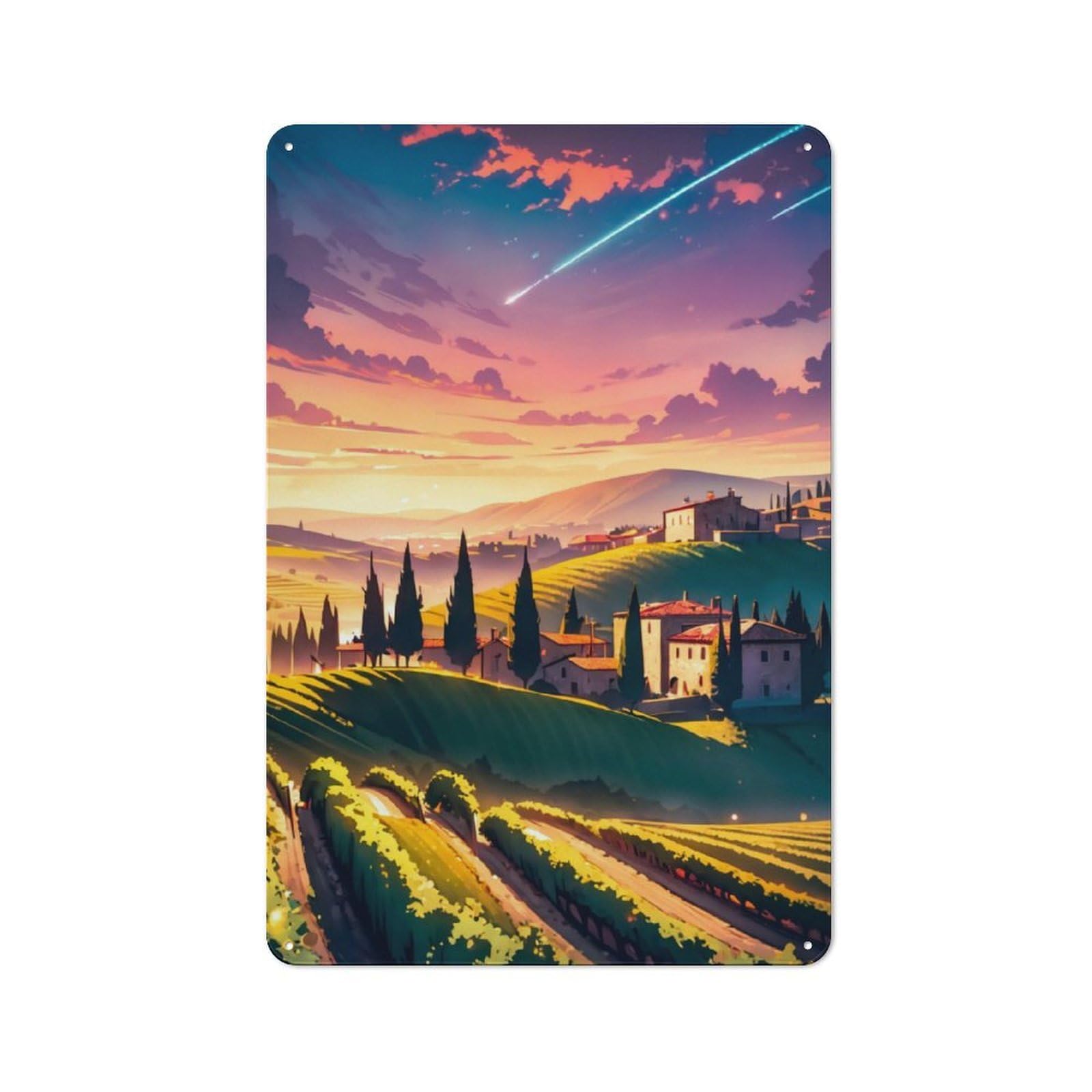 Junmoney Tuscan Vineyard Village Tin Sign 30X20cm With For Pub Or Café, Retro-Style Decor, Suited To Café Interior Fans