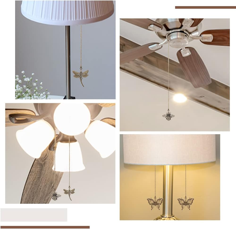 BENECREAT 6Pcs 3 Styels Butterfly Bee Ceiling Fan Pull Chain, Vintage Dragonfly Extender Chain Charm Lamp Decorative Pull Chain with Iron Ball Chain for Fan, Table Lamp Decor - Image 7