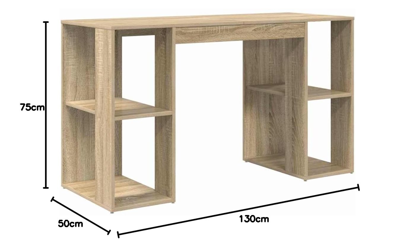 Scrivania con vano portaoggetti in rovere Sonoma, 130 x 50,5 x 75 cm, moderna scrivania per computer per ufficio domestico, versatile tavolo da lavoro con ripiano, materiale in legno