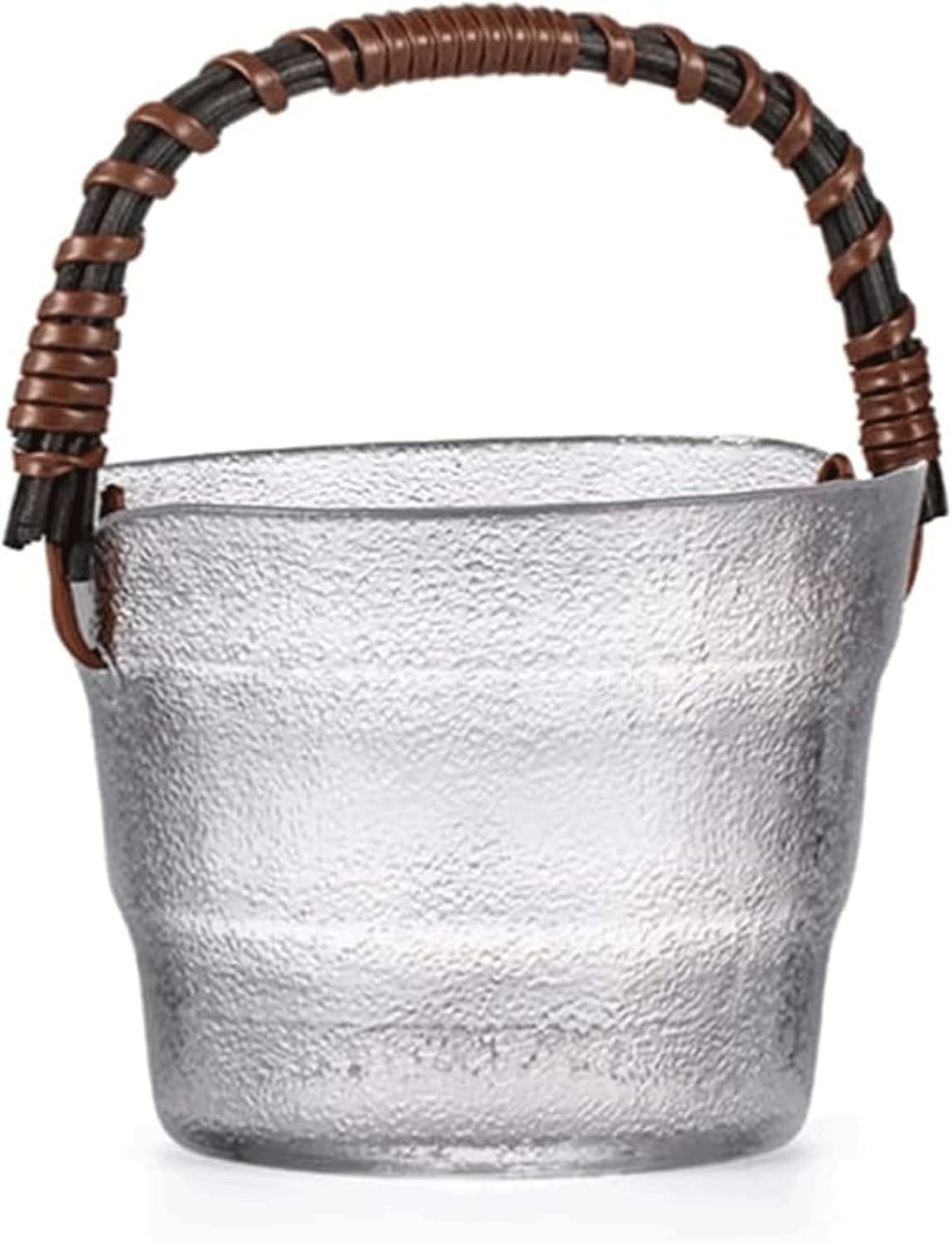 Ice Bucket Glass Clear Ice Bucket, Japanese Style Portable Ice Buckets with Rattan Handle, Multipurpose Mini ICY Cold Drinks Container Durable