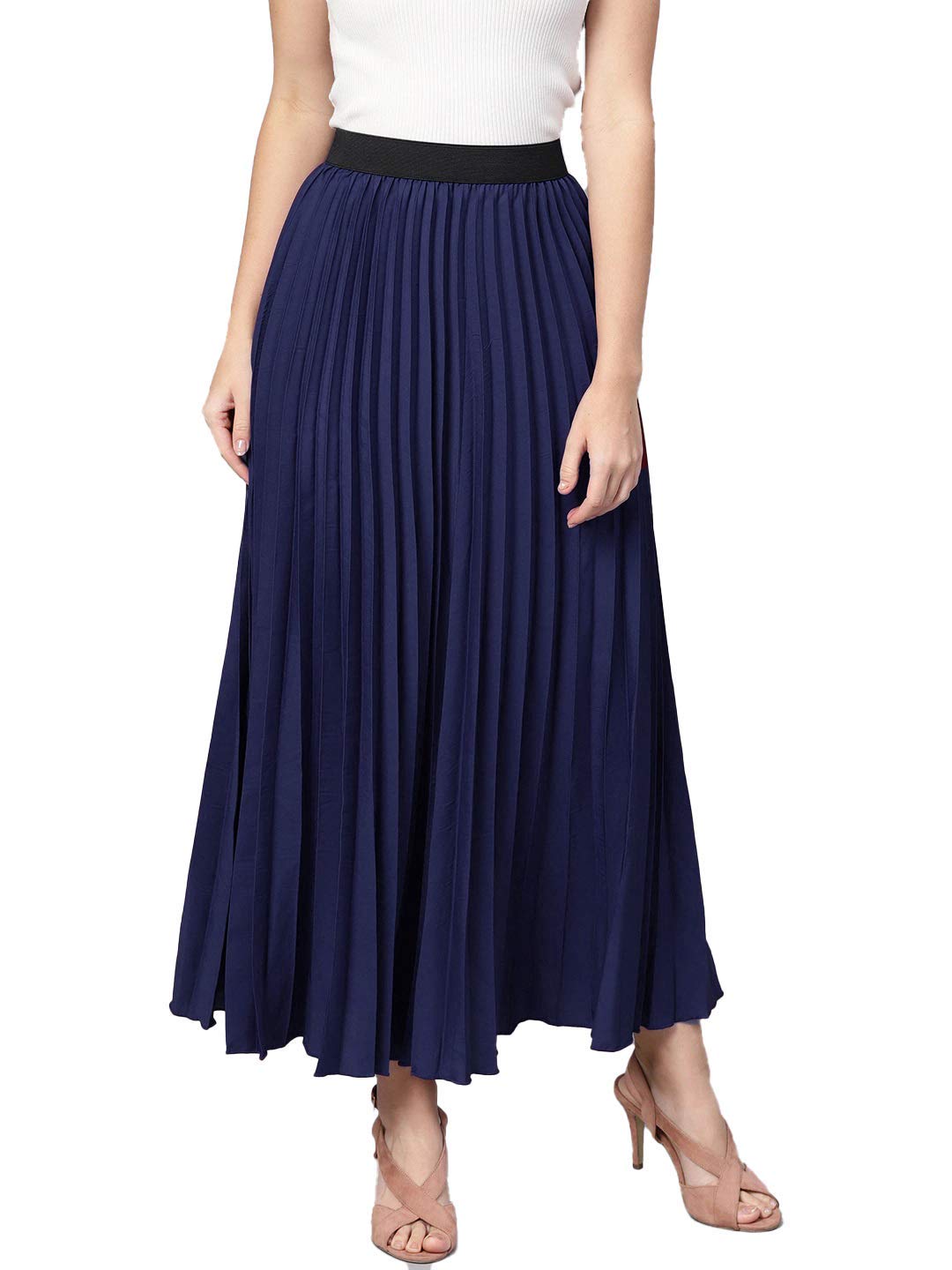kzully | Graceful Flow Women's Accordian Pleat Maxi Flared Skirt Navy Blue 2XL-picture-23