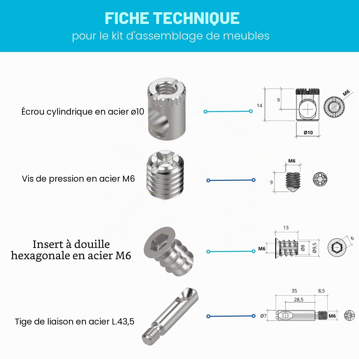 Evotrade KIT 50 Pièces - Ensemble Complet d'Outillage pour Assemblage et Montage de Meubles - Barilotto 10MM + Grano M6 + Tirante + Bussole (Tirante L. 45 mm)