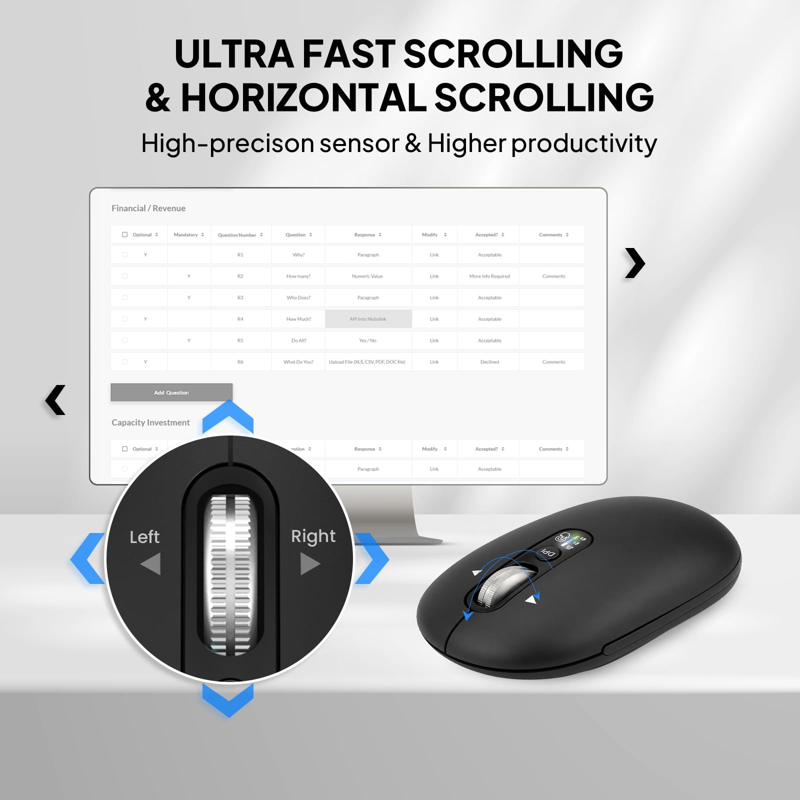INFINMIND Mouse Bluetooth Senza Fili con Smart Flying Scroll, Rotellina ergonomica per il pollice, silenzioso per 3 dispositivi - Compatibile con Windows/Mac OS/Chrome/Android (Nero)