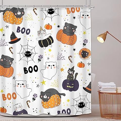 Mitpok Kids Funny Halloween Shower Curtain 60Wx72H Cute Cat Cartoon Pumpkin Ghost Lovely Animal Spider Candy Witchy Hat Bathroom Decor for Toddler Nursery Bath Curtain Fabric Polyester 12 Pack Hooks Cover
