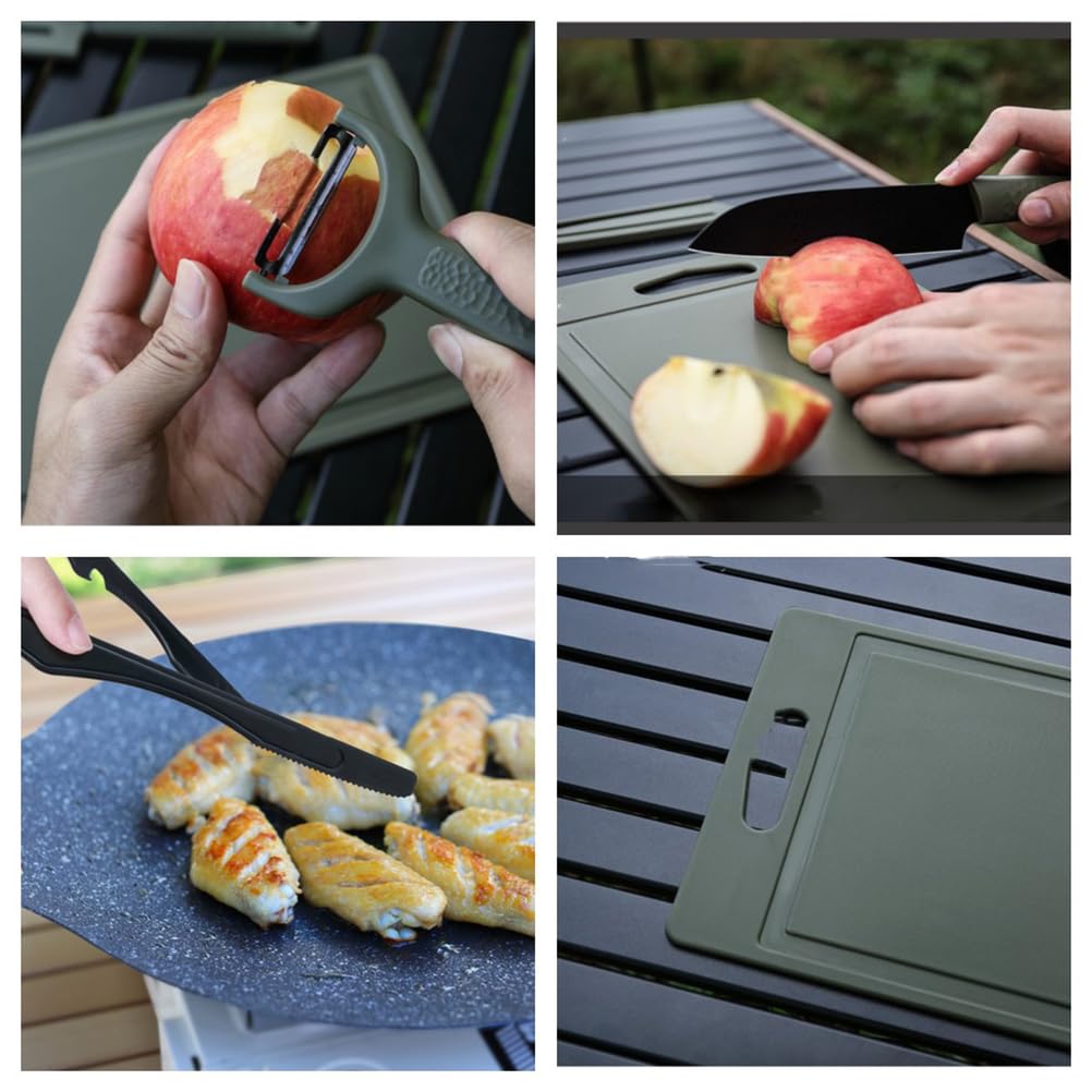 Tragbares Camping-Küchenutensilien-Set, multifunktionale Schere, Küchenmesser, Clip, Schneidebrett Outdoor-Kochgeschirr-Kochset,Schwarz