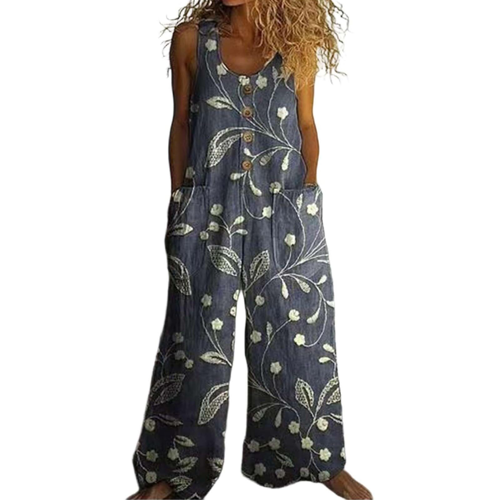 Generisch Combinaison d'été légère et longue pour femme - Combinaison sans manches - Motif floral - Salopette à jambes larges - Combinaison bohème surdimensionnée - Pantalon d'été avec poches