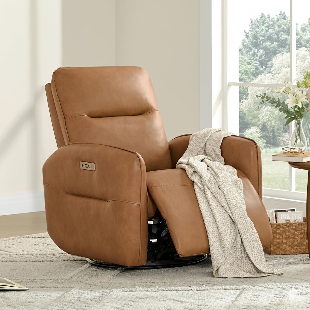 CHITA Faux Leather Power Recliner Chair, Swivel Glider Recliner for Adults, Nursery Rocking Chair with USB & Type-C Charging for Living Room, Bedroom, Camel
