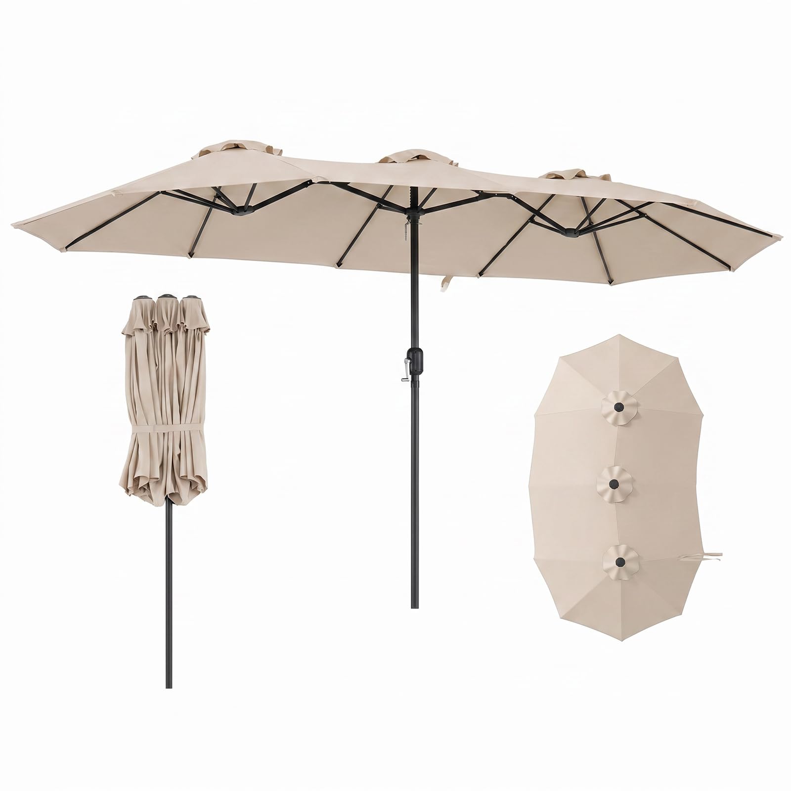 COSTWAY Ombrellone da Giardino Doppio 375 x 215 cm, con Manovella, Anti-UV, 12 Stecche Metalliche, per Terrazza, Piscina e Cortile (Beige, 375 x 215 cm non luci)