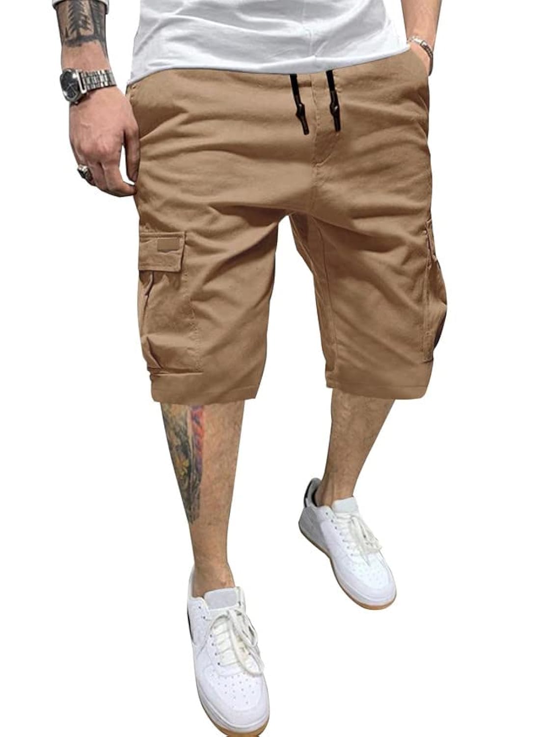 JMIERR Mens Casual Cotton Twill Cargo Shorts Drawstring Classic Chino Stretch Short with 6 Pockets