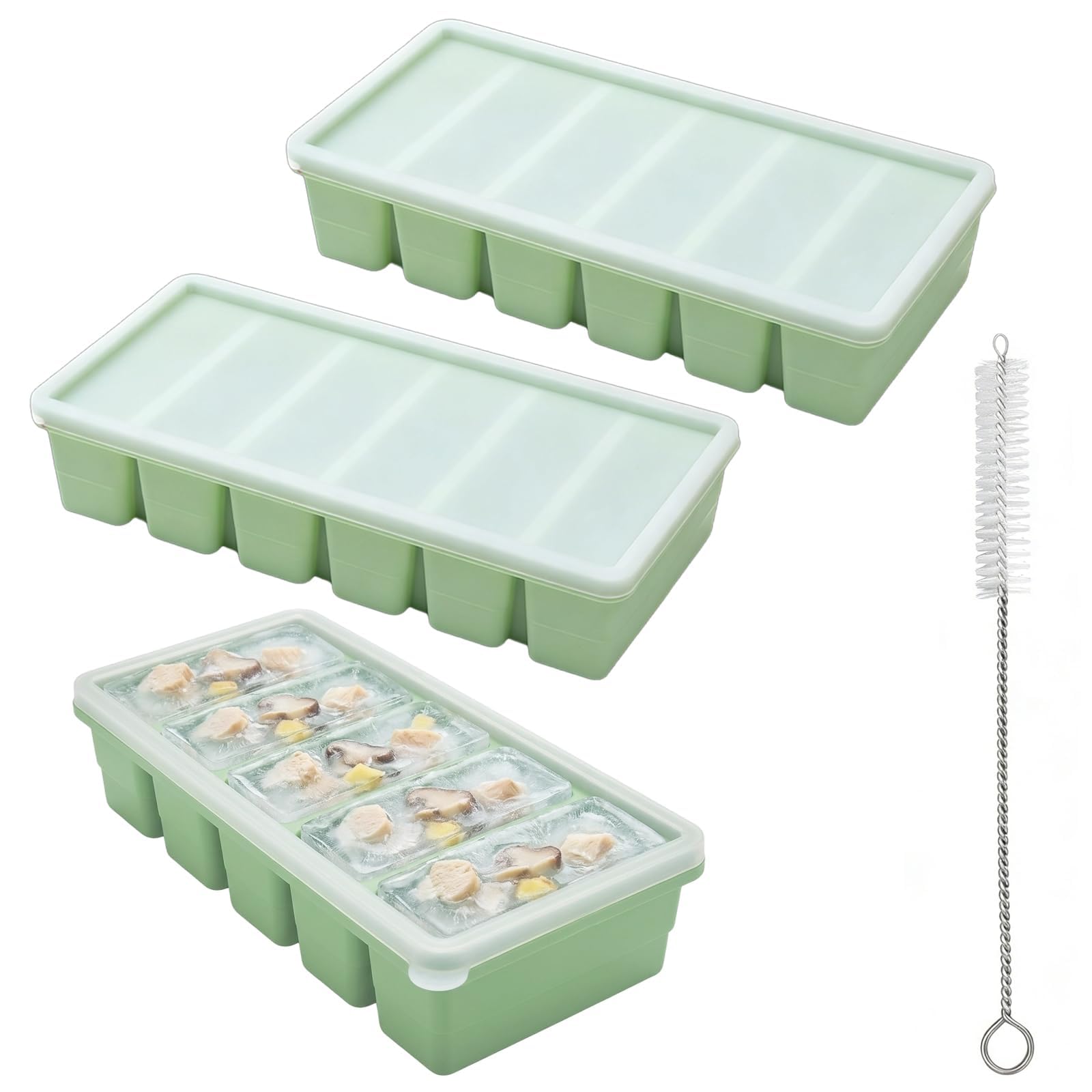 3PCS Silicone Freezer Moulds Set, Silicone Freezer Trays for Soup, Broth, Freezer Tray Style 2-Pack 6-Compartment Long Trays with Lids (Green) and 15cm Scrub Brush