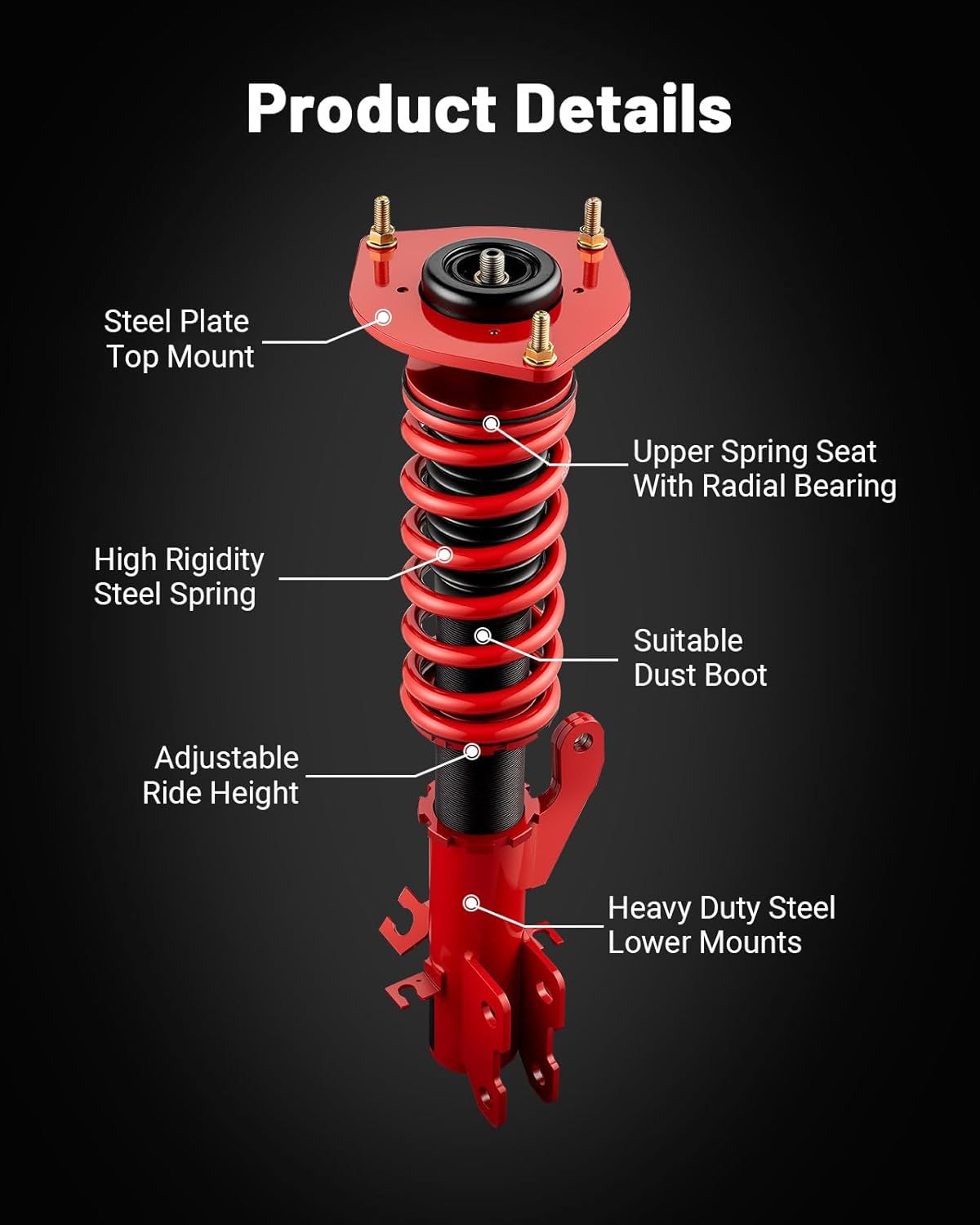Detailed view of a single red coilover unit, highlighting its various parts.