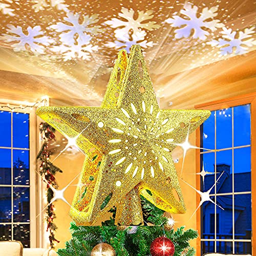 Étoile Sapin de Noël - XRR Étoile Lumineuse Projecteur Flocon de Neige à LED - 3D Rotation Etoile Sapin de Noel Lumineuse d'or Veilleuse Étoilée pour Décoration Arbre Topper de Noël (Or) Cover