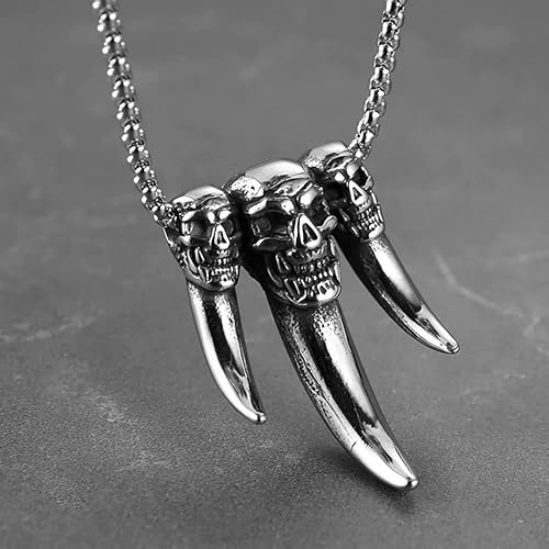Miniatura 4 de Dije de diente de lobo de cráneo, colgante de diente de lobo triple cráneo, joyería para hombres, collar de garra de fantasma de cabeza de calavera