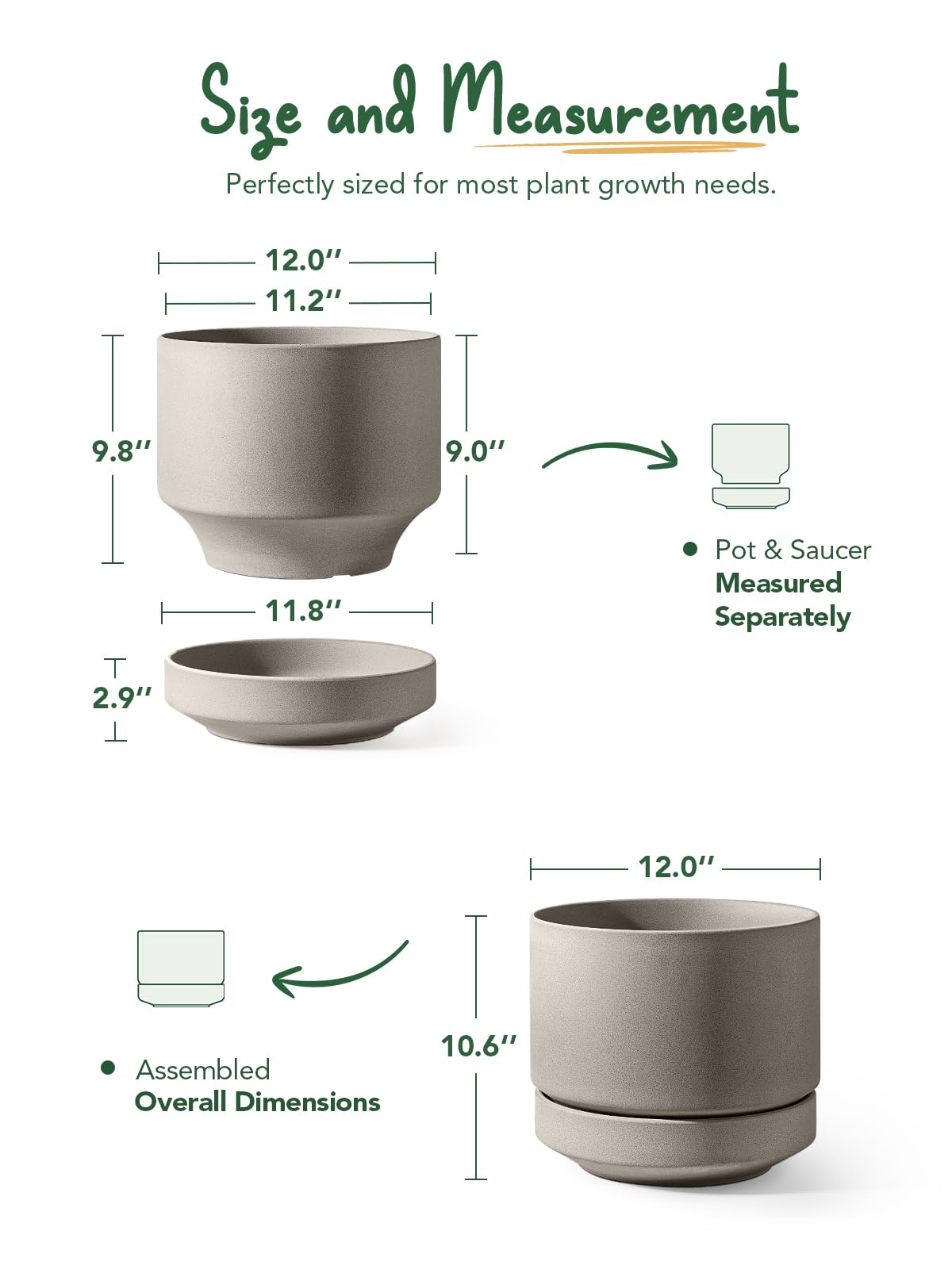 LE TAUCI Vasi per piante da 30,5 cm con sottovaso, vaso in ceramica per piante da esterno e interno, foro di drenaggio, cuscinetto in rete e tappo, poroso non smaltato, moderno per casa, ufficio e