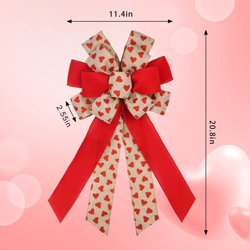 Hying Large Valentine's Day Bows for Wreath, Linen Heart Red Valentine Wreath Bow for Valentine Décor - Burlap Red Bow for Front Door Indoor Outdoor Wall Valentine's Day Decoration Supplies Ornament
