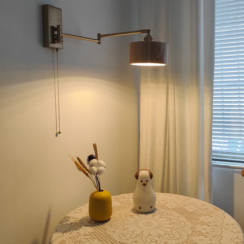 OJT Applique moderne en laiton avec interrupteur, appliques murales lampe de chevet lampe de lecture à bras long réglable, abat-jour en bois, appliques murales d'intérieur E27 pour salon hall chambre