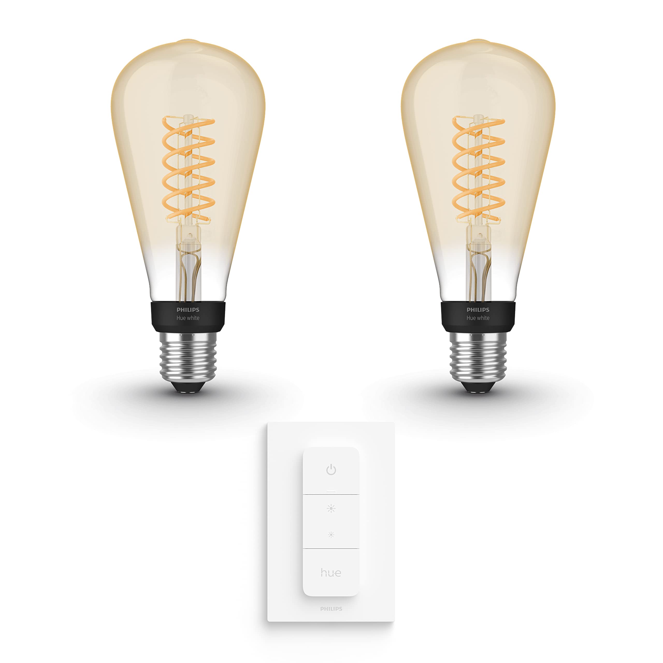 Philips Hue Vorteilspaket - E27 - mit 2 Filament Edison Glühbirnen Groß (ST72) - Warmweißes Licht - inkl. 1 Hue Dimmschalter - Hue White Filament