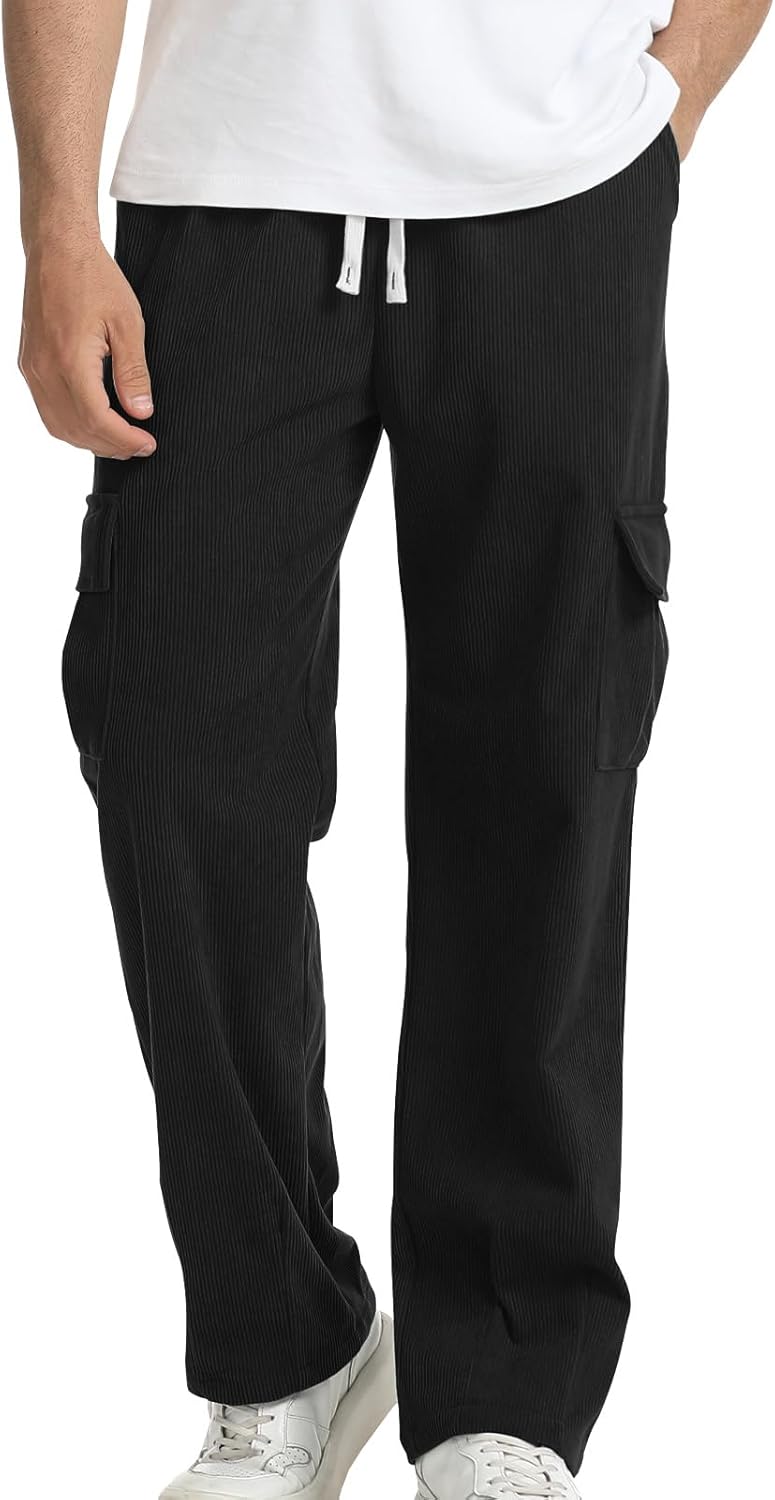 Suwangi Men's Baggy Cargo Corduroy Pants Casual Drawstring Elastic Waist Straight Leg Vintage Sweatpants for Men with Pockets