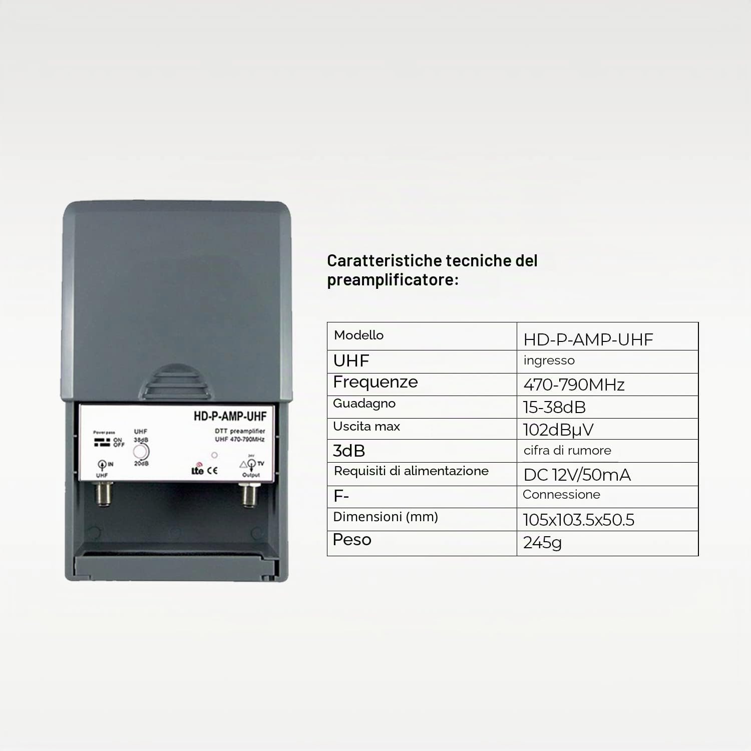 LEYF Preamplificatore TV/Guadagno regolabile 15-38dB/Amplificatore Antenna TV/Ampli per TNT HD Segnale UHF 470-790MHz