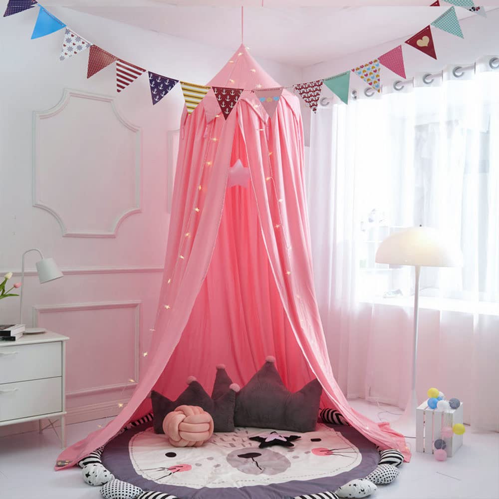 Surwin Bed Canopy for Girls Boys Kids Single Double Bed, Round Dome Bed Canopy Mosquito Net Protection Canopy Play Tent Bedroom Nursery Decoration Hanging Curtain Net (Tassel Pink)