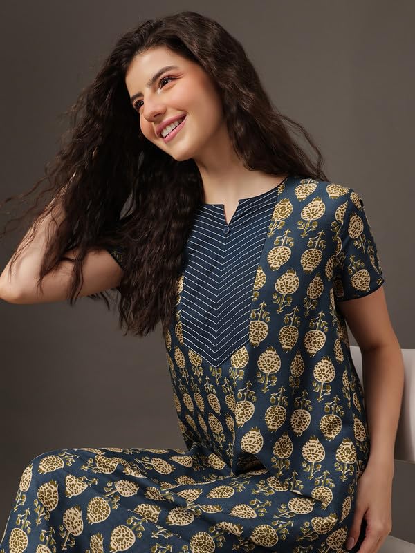 Image of Clovia Women's Rayon Long Nighty in Navy Blue