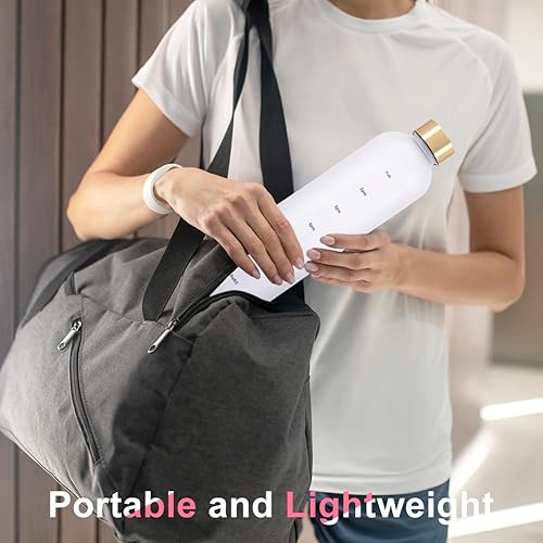 Miniatura 5 de Botella de agua de plástico de 32 onzas, botella de agua delgada con marcador de tiempo, 1 litro de gran capacidad marcado con tiempo lindo botellas